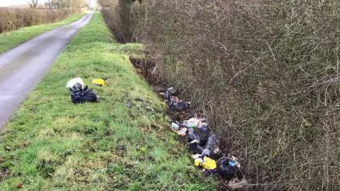 East Riding of Yorkshire Council A grass verge and hedge at the side of a road. One black bin liner is on the verge with more rubbish dumped in a ditch alongside.