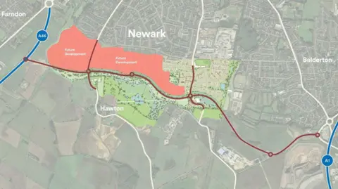 Urban&Civic Graphic which uses a satellite photograph of the southern fringes of Newark and overlays both the route of the new road and areas which have been developed or set aside for housing