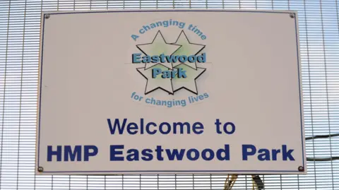 A sign reads 'Welcome to HMP Eastwood Park' with a logo made up of four stars which says 'A changing time for changing lives' around it.