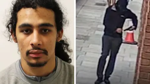 A mugshot of Aderahman Boumzough ( left ) wearing a grey crew-neck jumper against a plain white background and CCTV footage of Boumzough walking down a street holding a gun (right) 