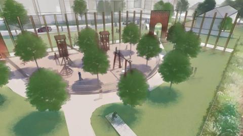 CGI image of castle-themed playground area