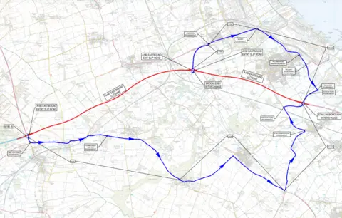 National Highways The diversion route for the eastbound carriageway works. The closure of the A180 is illustrated with a red line and the diversion route is blue.