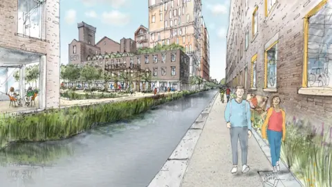 Manchester City Council An artist's sketch of a man and a woman walking along the side of a canalflanked by redeveloped buildings, including an historical warehouse and mill which has been repurposed into flats. 