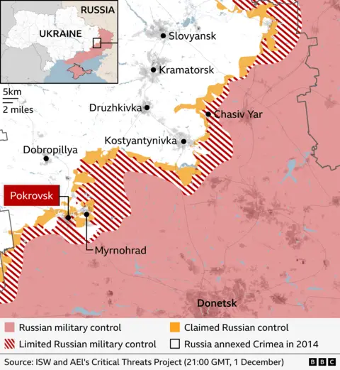 Map showing Pokrovsk almost fallen
