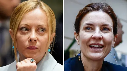Getty Images/LaPresse via AP Two Italian politicians side by side in a composite image - one has blond hair and has her hand on her chin on the left, the other is smiling and has dark hair