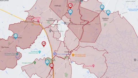 South East Water A map showing the areas affected by the water pipe burst