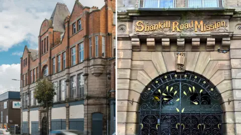 Neal Campbell Exterior shots of Albert Hall, also known as Shankill Road Mission, large red brick building with ornate windows and gold lettering