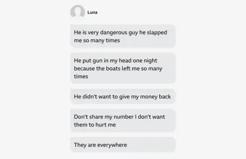 Screenshot of text messages from migrant called Luna describing experiences of abuse and threats. Messages mention being slapped multiple times, having a gun held to her head, being denied a refund, and expressing fear of being harmed. Luna asks not to have her number shared, stating 'They are everywhere.