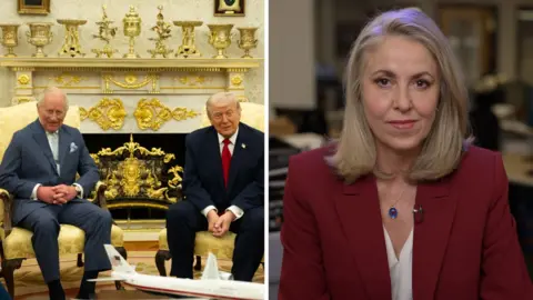 Splitscreen. Left, Charles and Trump in the Oval Office. Right, Sarah Smith. 