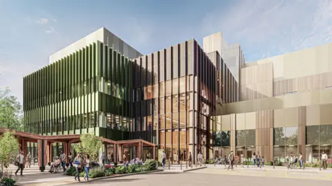 Ryder Architecture A computer generated image of the new hospital building. It shows people outside the building along with disabled parking bays.