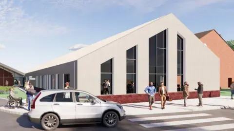 An artist's impression of the proposed wellbeing hub. It has a slanted roof with big rectangular glass windows. It has a number of people outside the building including a car driving on the road in front. 