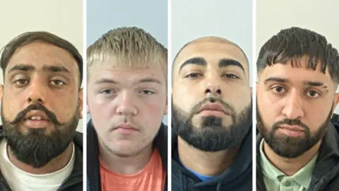 A composite of four police mugshots shows, from left, a man with short brown hair and a beard, a man with short blonde hair and some facial hair, a man with receding closely shaven brown hair and a beard and a man with short brown hair and a beard.