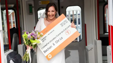 A woman wearing a white wedding dress. She is holding a bouquet of flowers and an enlarged train ticket. The ticket reads: Llongyfarchiadau/Congratulations Bethan and Chris.