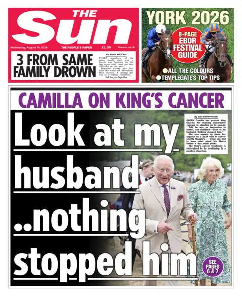 The headline on the front page of the Sun reads: "Look at my husband, nothing stopped him."