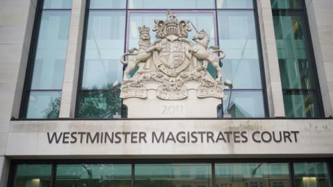 The sign above the entrance to Westminster Magistrates Court, reading 'Westminster Magistrates Court'