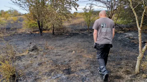 Birmingham & Black Country Wildlife Trust A bald man is walking in a nature reserve that has been affected by fire. He is bald and is wearing a brown/grey t-shirt that has a badger on the back and text reads "Birmingham & Black Country Wildlife Trust". The ground beneath him is charred and blackened by fire. 