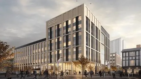 An artist's drawing of a new university building which is a three-storey block with dozens of tall windows