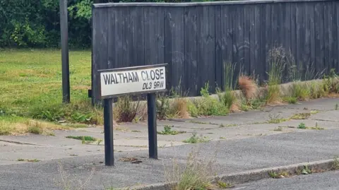 A road sign saying Waltham Close. It is on a pavement covered with weeds.
