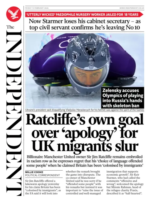 "Ratcliffe's own goal over 'apology' for UK migrants slur" reads the headline on the front page of the Independent.