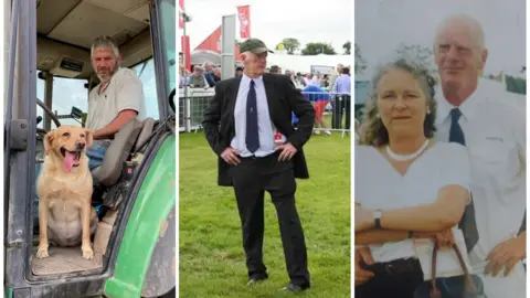 Wiltshire Police A collage of three pictures of the A303 crash victims. Left Andrew Carless on a green tractor with his dog. Middle is Dennis Smith standing on grass in a suit. Right is Claire Stride wearing white hugging Dennis Smith.