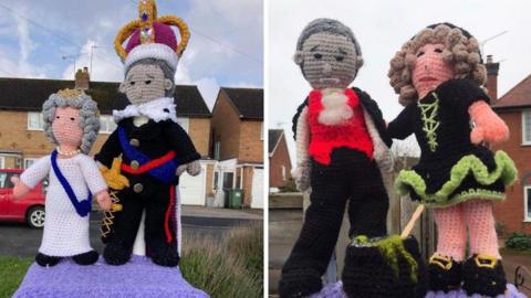 Crochet version of King Charles and Camilla with recycled version of them as Dracula and bride