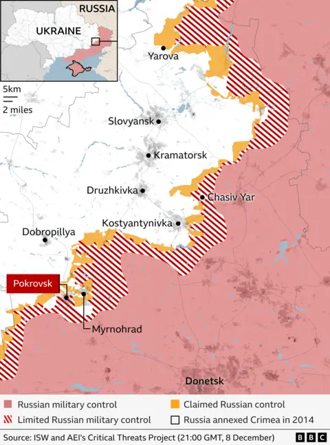 Map showing where has Russian military control, limited Russian military control and claimed Russian control near Donetsk, highlighting the city of Pokrovsk
