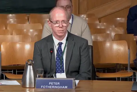 Scottish Parliament A man with a suit and tie sits in front of a committee. His name, Peter Fotheringham, is shown on a card in front of him