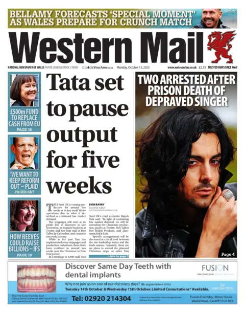 Western Mail The main headline reads: 'tata set to pause output for five weeks', and an image next to it with a headline that says 'two arrested after prison death of depraved singer'