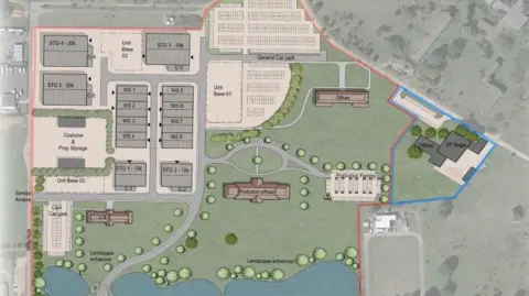 North Norfolk District Council An illustrated image of the plan for the studios. The main studio buildings are to the top left of the image, with the rest of the site containing greenery and a lake.