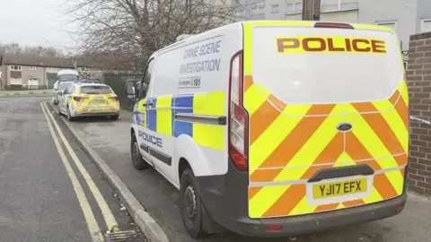 Malik Walton/BBC A police van and a police car are parked at the scene on pavement next to a yellow double lines, with houses in the background.
