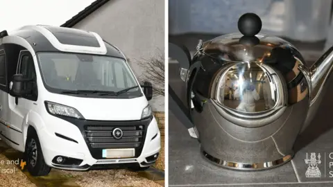 A composite of a white motorhome and a silver kettle