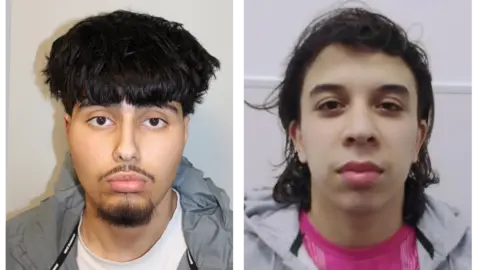 Adam Bedoui and Abdelkader Amir Bousloub seen side by side in police custody images. Adam Bedoui has bushy hair, a moustache and short beard. Amir Bousloub has shoulder length dark hair and is clean shaven.