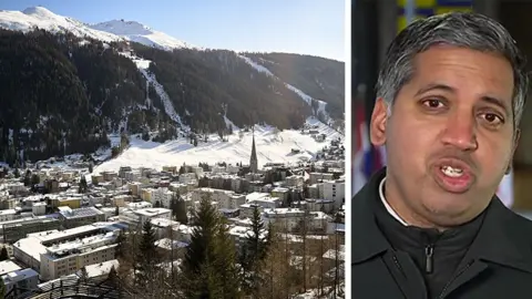 Composite image shows on the left a general view of Davos covered in Snow in January and on the right a headshot of Faisal Islam talking to the camera