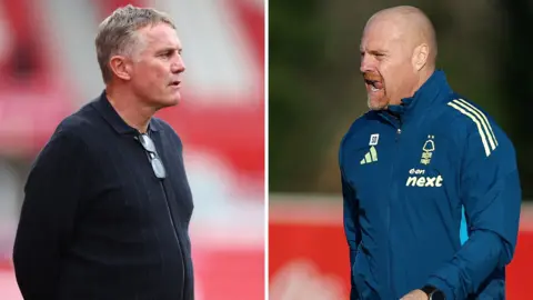 Wrexham boss Phil Parkinson in a black zip-up top, and Nottingham Forest boss Sean Dyche in a green club tracksuit top, in a a split picture