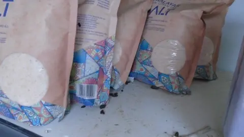 Swindon Borough Council Close-up of bags of food on a dirty shelf with rat droppings around them.