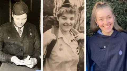 Girlguiding (L-R) Gillian Watson, Hazel Megahey and Megan Megahey. All three are seen in their Girlguiding uniforms which has changed over the decades. The first two pictures are black and white.