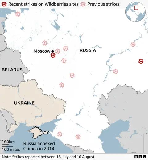 Map of recent attacks on Wildberries sites. There are 12 sites