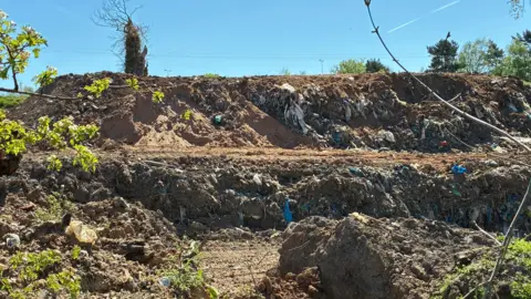 Picture of the waste, neighbouring the M53. Two large tiers of rubbish can be seen, in amongst trees and branches. Taken on a sunny day.