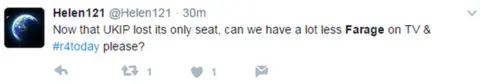 Twitter/@Helen121 Tweet: can we have less of Farage please?