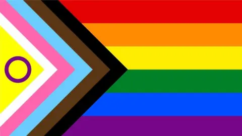 Getty Images The Progress Pride flag, a rainbow flag also featuring black, brown, light blue, pink, white and a purple circle