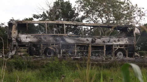 Reuters A burned bus is pictured after colliding with a trailer during its journey from Cancun to Tabasco