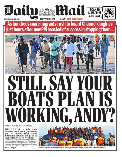 "Still say your boats plan is working, Andy?" reads the headline on the front page of the Daily Mail. 