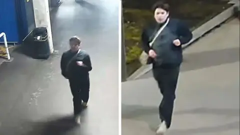 Avon and Somerset Police A CCTV image of Luis Piovesana, wearing black baggy jeans, cream-coloured trainers, a black and grey gilet and a cream cross body bag. 