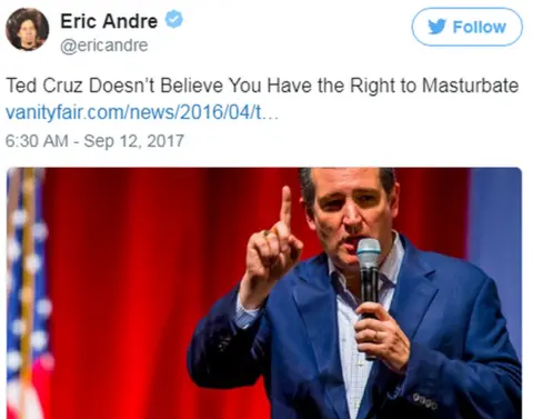@EricAndre A tweet pointing out Ted Cruz's previous opposition to masturbation