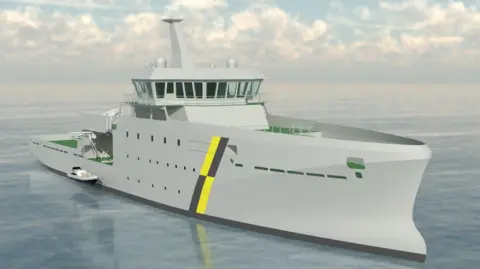 A grey ship on the water. It has a yellow and black strip on its side