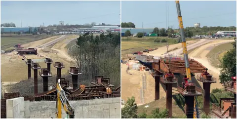 a collage of two images side by side from a similar angle showing the bridge. the first has lots of visible pillars of supports, the second has a bridge baseplate resting on many of them