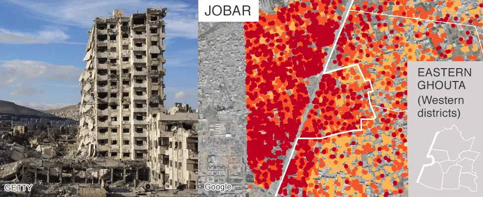 BBC Map showing damage in Jober, Eastern Ghouta