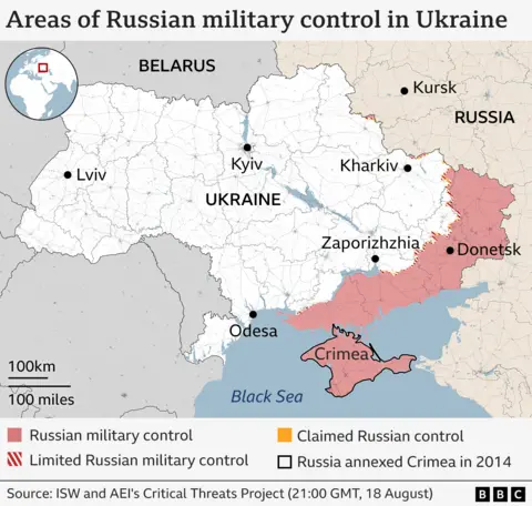 Map showing which areas of Ukraine are under Russian military control or limited Russian control.