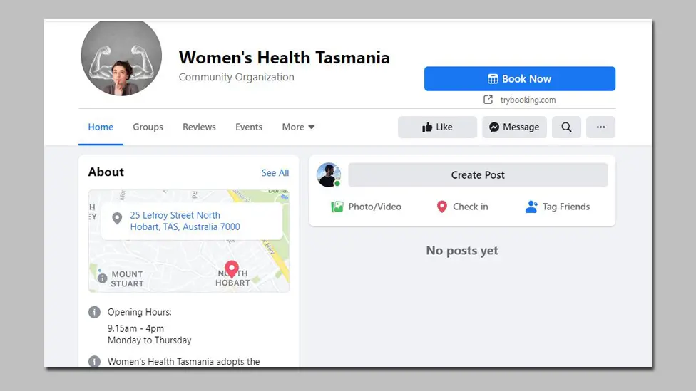 The Women's Health Tazmania Facebook page with "no posts yet" message