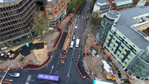 An aerial photo of roadworks at the city centre junction, focussing on Upper Parliament Street